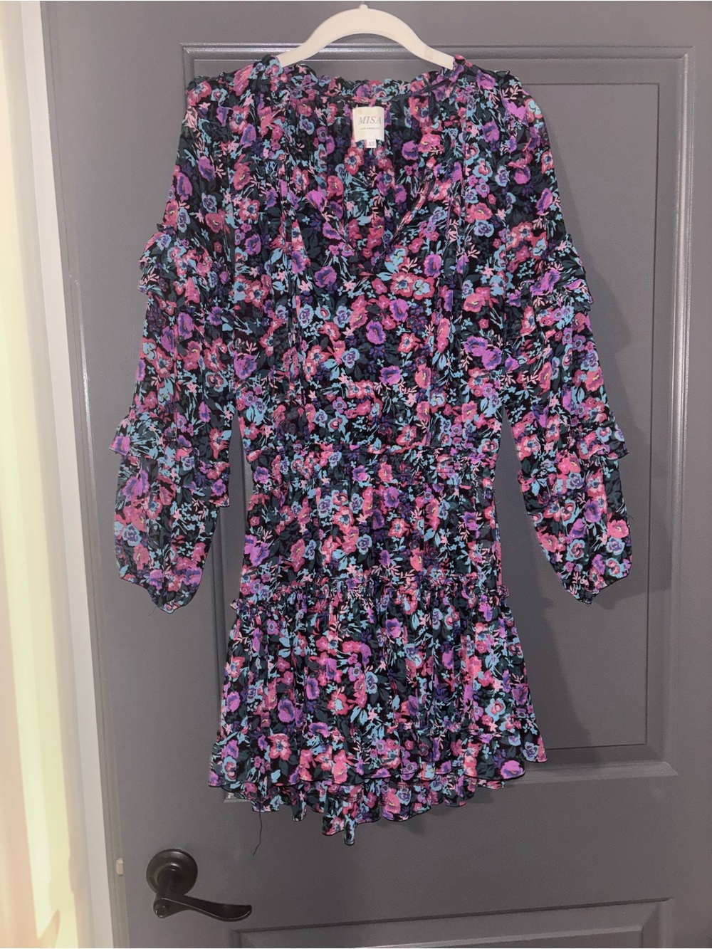 Misa Los Angeles Black Mini Dress with Purple & Pink Floral Print